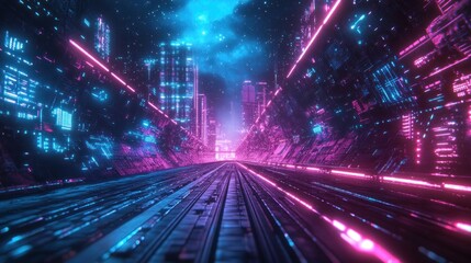 Fototapeta premium Neon Cityscape: A Futuristic Highway Through Glowing Metropolis