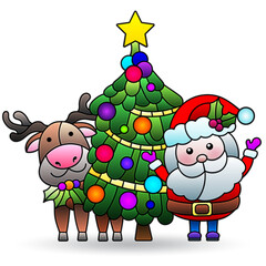 A stained glass illustration with Santa, a Christmas tree and a deer on a starry sky background