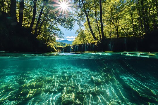 Sunlit Waterfall's Embrace: Crystal-clear waters cascading through a lush green forest, revealing a hidden underwater world bathed in sunlight. - Powered by Adobe