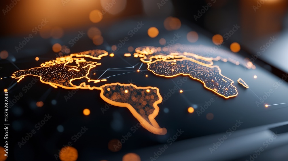 Poster illuminated world map: a glowing world map overlaid on a dark surface, representing global connectiv