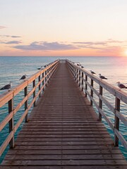 Obraz premium Sunset over the ocean with a wooden pier stretching out into the water