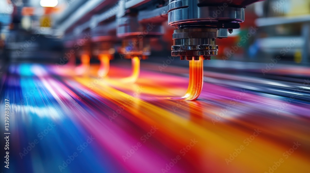 Poster a vibrant scene showcasing printing machinery with colorful ink streams flowing, highlighting the dy