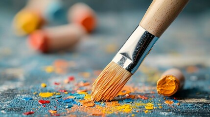 Fototapeta premium Artistic Brushstrokes: A close-up showcases a paintbrush poised over a canvas adorned with a vibrant explosion of pastel colors, embodying the essence of creativity and artistic expression. 