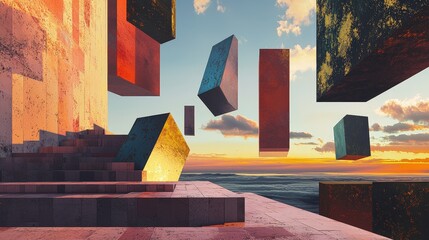 Surreal floating geometric blocks in vibrant sunset landscape - dreamlike digital art