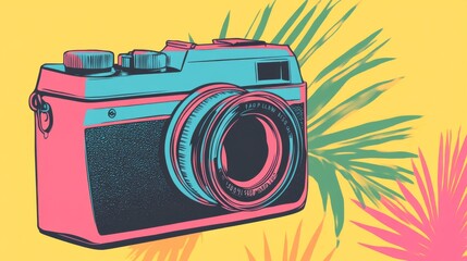 A retro film camera captures bright summer vibes in a pop-art aesthetic. 