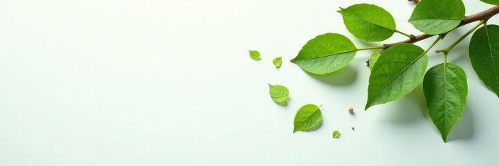 Fototapeta premium Branches with leaves scattered on a white surface, branch, leafy green
