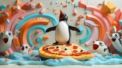 Whimsical cartoon penguin on pizza with abstract shapes and animated fish