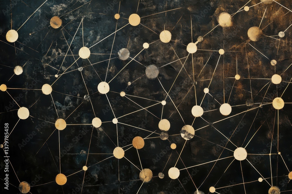 Aufkleber network of connections over golden dots on a black background highlighting interlinked structures, n