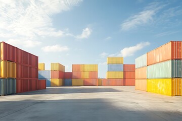 Fototapeta premium Stacked shipping containers in a large industrial storage yard under a clear sky