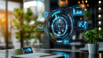 futuristic workspace with holographic marketing analytics, showcasing advanced technology and data visualization in modern setting