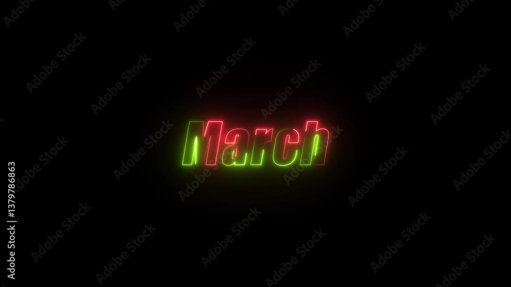 Poster march text animation on the black background. match text icon animation with neon glowing 4k video.