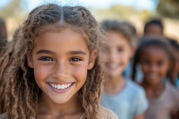 Fototapeta premium Group of smiling children enjoying a sunny outdoor activity in a joyful gathering at a park