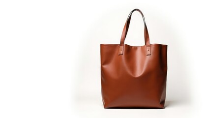 Brown leather tote bag, isolated on white background, fashion accessory, backdrop, design