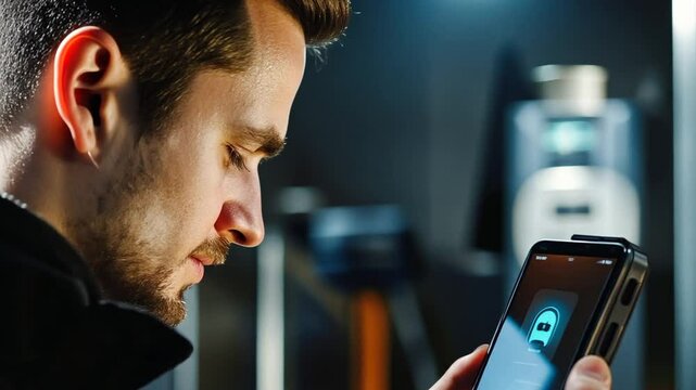 Focused man interacts with intuitive interface on mobile, technology advancement