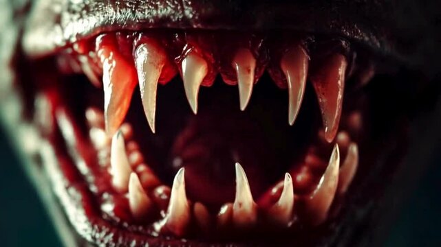 Close-up of vampire or monster mouth with sharp teeth, creepy scene