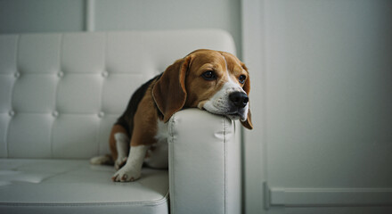 Beagle dog resting with a thoughtful expression on a white couch  