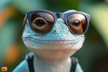 Lizard wearing sunglasses and a backpack posing in a lush garden during daylight