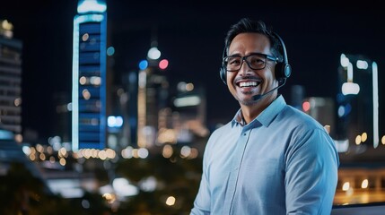 Fototapeta premium A smiling man in a headset stands against a vibrant city skyline at night, exuding confidence and professionalism.