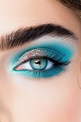 Naklejka premium Icy Makeup Look Featuring Shimmering Silver Eyeshadow and Frosty Blue Eyeliner for a Stunning Winter-Inspired Effect