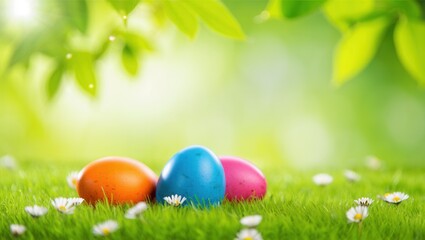 Fototapeta premium Colorful Easter eggs on lush green grass surrounded by delicate flowers during springtime