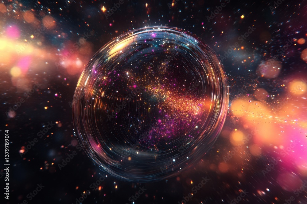 Leinwandbilder expansive view of a cosmic sphere surrounded by vibrant particles in deep space environment, backgro