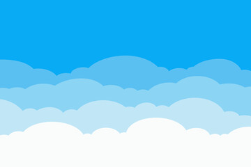 Cloudy blue sky landscape, white clouds, graphic vector illustration, flat design. A multi-layered drawing of the heavens. Beautiful sky background with space for text for banner, poster, cover, label