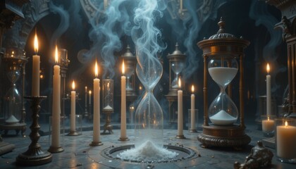 Antique Hourglass and Candlescape Still Life