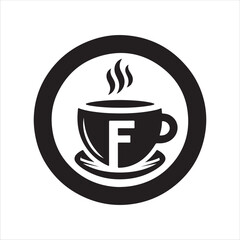 cup of coffee with circle and logo of letter F