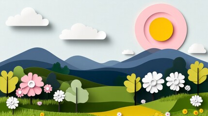 Fototapeta premium Colorful Paper Cut Landscape with Rolling Hills and Bright Sun in a Serene Nature Scene