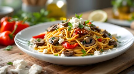Delicious Pasta with Mushrooms, Peppers, and Feta Cheese