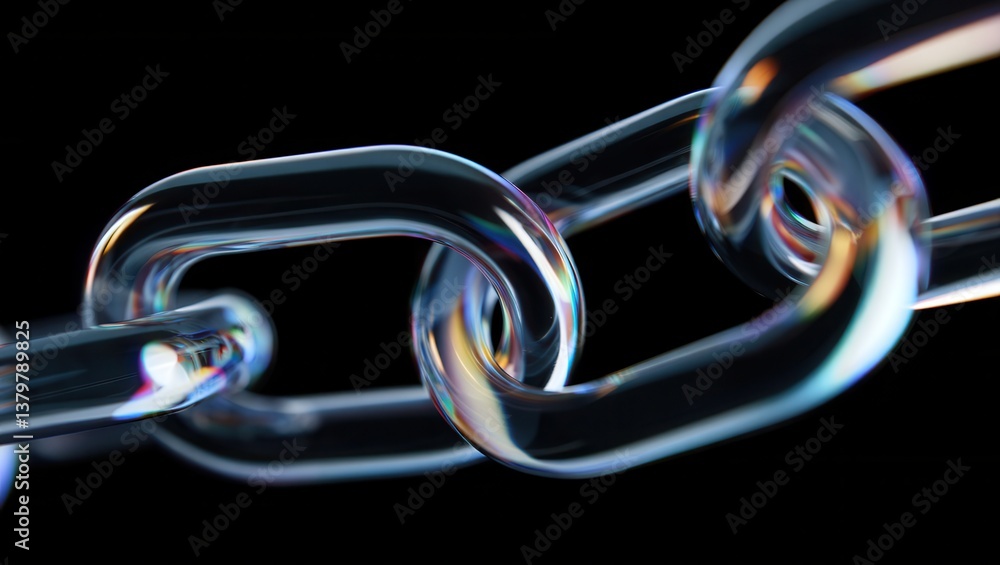 Poster close-up view of transparent chain links showcasing reflections and colors against a dark background
