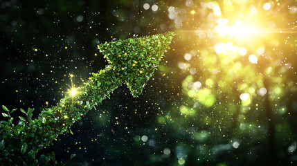 green arrow made of leaves symbolizes growth and progress, shining brightly against blurred natural background
