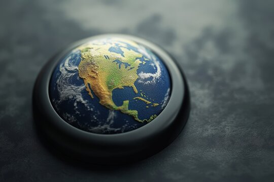Globe featuring off button and geometric shapes symbolizes technology's impact on global connectivity, off button and shapes over globe - Powered by Adobe
