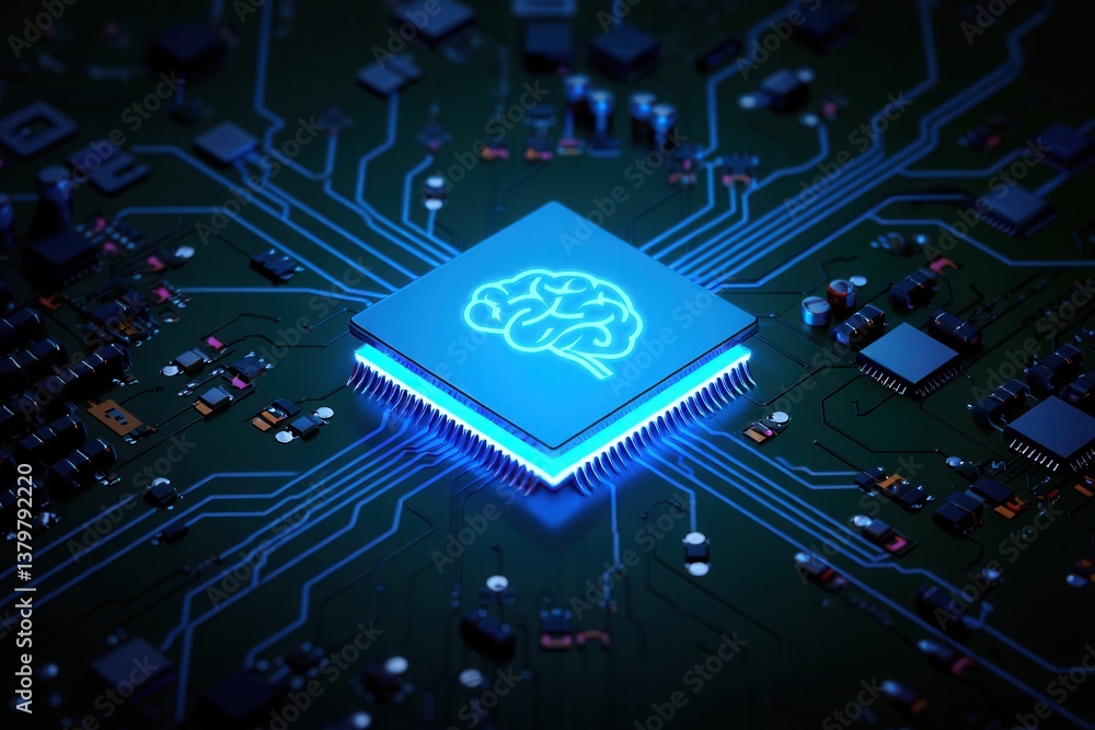 Poster emerging technology with artificial intelligence brain design on circuit board showcasing innovation