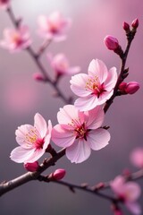 Naklejka premium Delicate pink blossoms on a single cherry tree branches , branch, solo