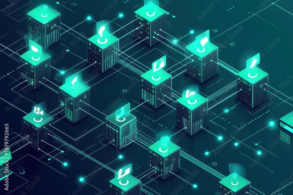Aufkleber network of digital connections represented by glowing icons and data pathways in a modern urban layo
