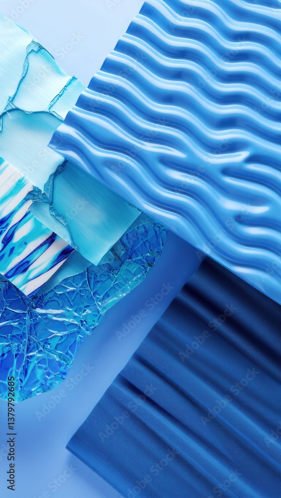 Poster abstract composition of various shades of blue materials with textured surfaces and intricate patter