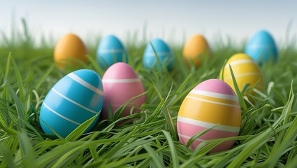 Fototapeta premium Colorful Painted Easter Eggs on Green Grass with a Blurred Foreground, Isolated on a White Background Happy Easter Template