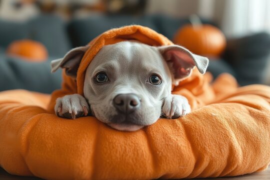Cute puppy wearing an orange hoodie resting comfortably on a pumpkin-shaped pet bed at home during autumn