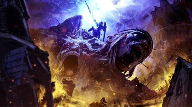 A brave paladin girl with lance and a shield climbed on a creepy monster, a zombie giant that is destroying a blazing city. The stink summons lightning and thunder. clean looped 2d animated art