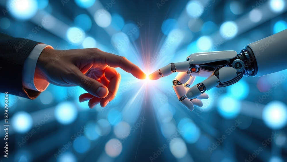 Aufkleber connection between human and robotic hands showcasing technological advancement in a futuristic sett