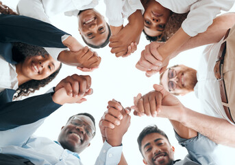 Staff, circle and portrait for holding hands in office, low angle and teamwork support for goals....