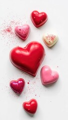 Obraz premium Colorful heart-shaped desserts arranged on a white surface showcase love-themed confections for special occasions