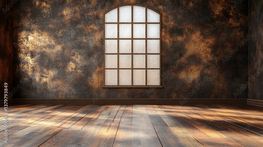 Poster a 3d rendering of an empty room with a concrete wall and wooden paneling in the background