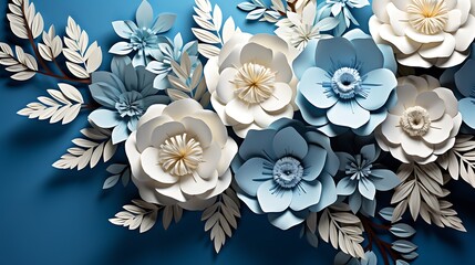 Elegant Paper Flowers: A Blue and White Floral Arrangement