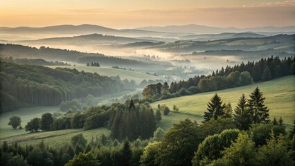 Rolling green hills bathed in misty sunrise, a peaceful forest scene; vintage photography.