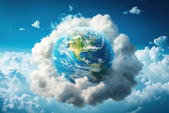 Data processing and cloud computing visualization over a globe surrounded by clouds, data processing over globe on cloud background