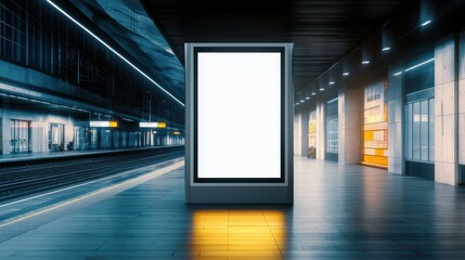 A modern illuminated city street at night with an empty advertising billboard framed by tall buildings and glowing lights creating a dynamic and futuristic atmosphere