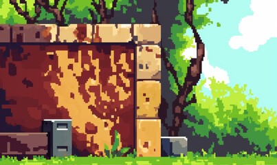 Fototapeta premium Pixel Art Golden Wall with Greenery and Blue Sky Game Design Outdoor Illustration