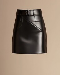Sleek black leather mini skirt with high waist and belt detail on neutral background